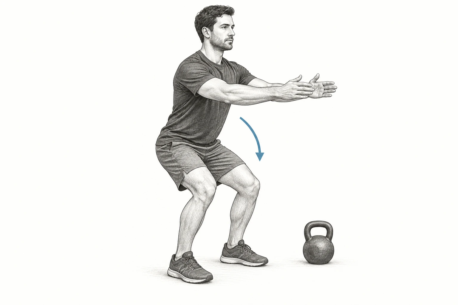 An adult athlete makes a small unloaded squat beside an unused kettlebell; a blue arrow marks the movement.