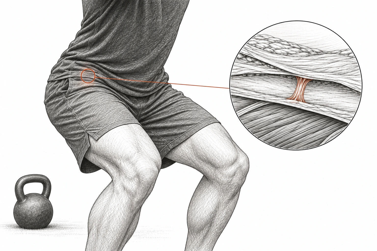 Close etched view of a man’s front hip during a small unloaded squat. A rust outline and leader line connect the area to a circular diagram of intact fascia layers with a small rust-colored fibrous connection.