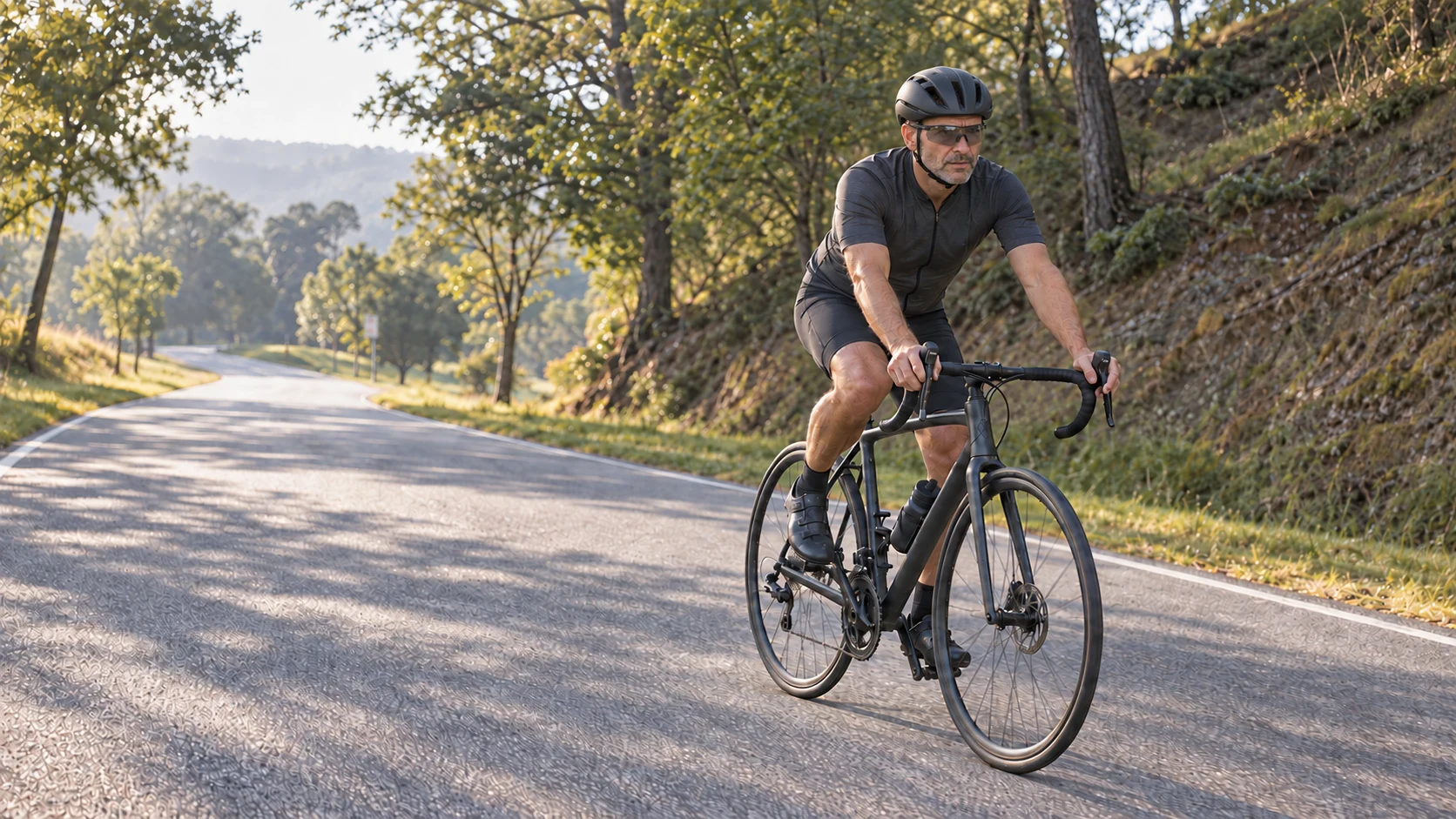 An adult cyclist in a helmet and sunglasses rides a road bicycle along a quiet road.