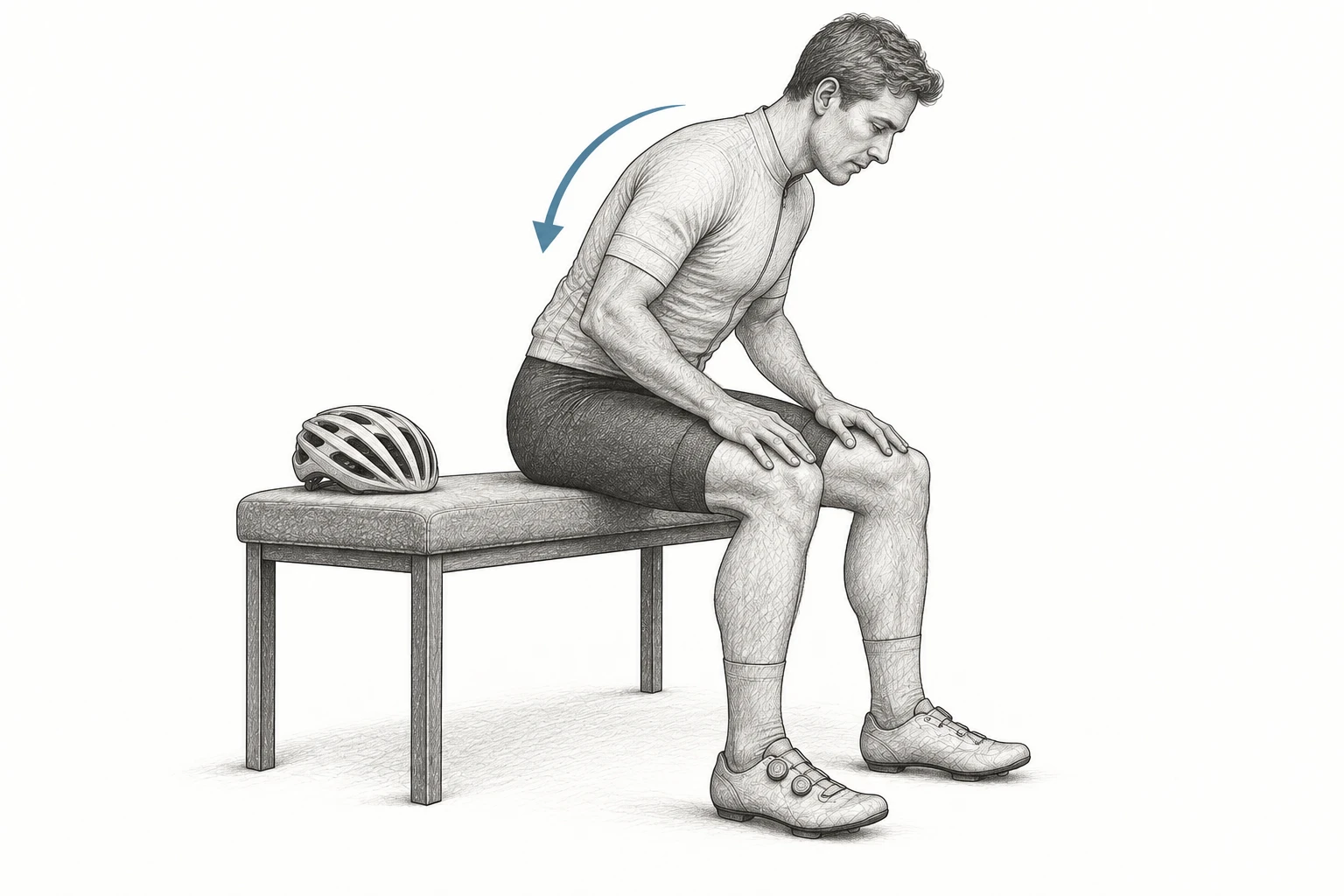 A cyclist sits securely on a bench and makes a small forward hip hinge, with a helmet beside him.