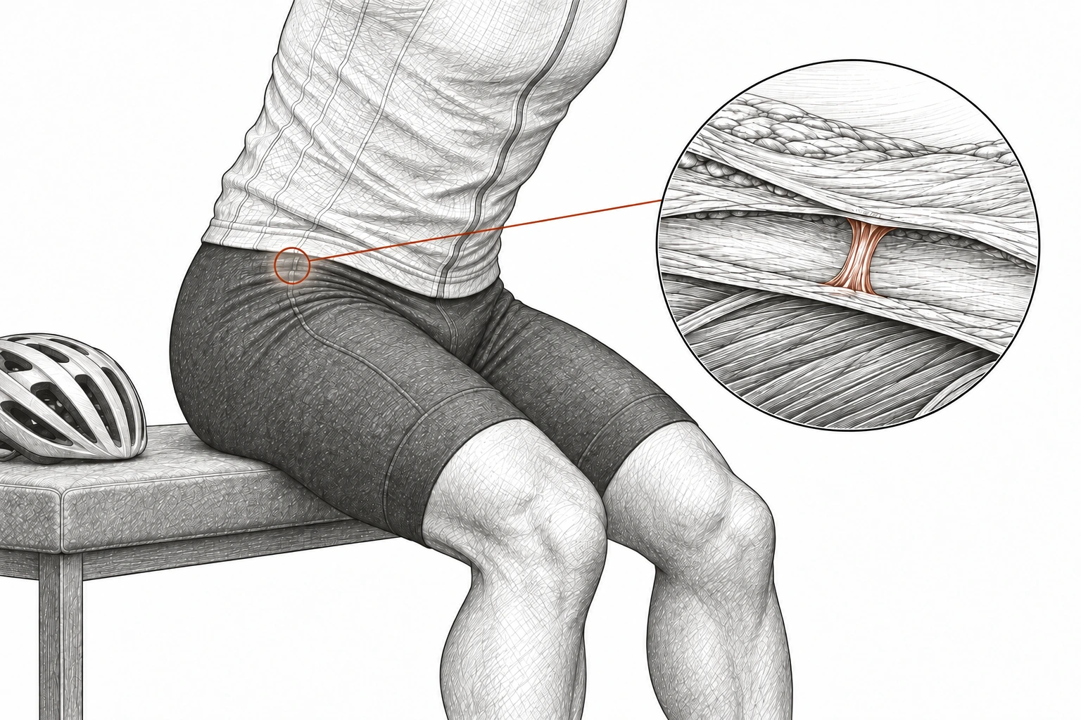 Close etched view of a seated cyclist’s front hip during a small forward hinge. A rust outline and leader line connect the area to a circular diagram of intact fascia layers with a small rust-colored fibrous connection.