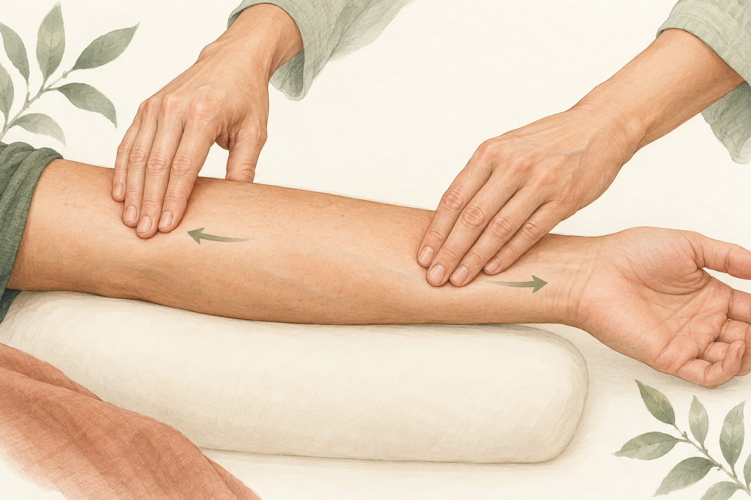 Concept illustration of hands applying opposing surface contact to a supported forearm; not a photograph or a guide to self-treatment.