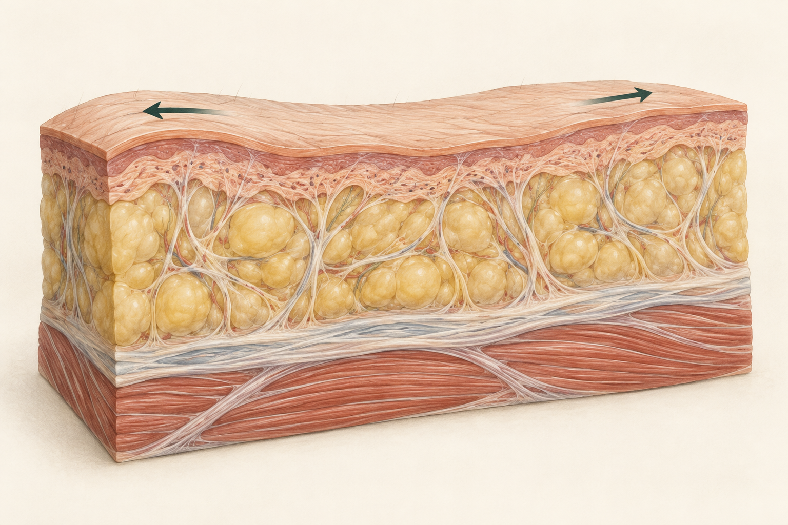 Concept cutaway of skin, fat and connective fibres, fascia, and muscle. Two arrows show opposing tension along the skin while all tissue connections remain intact.