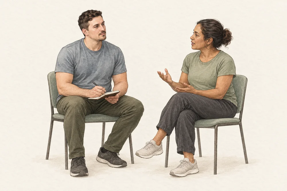 Illustration of Chris listening while a seated visitor describes her goals.