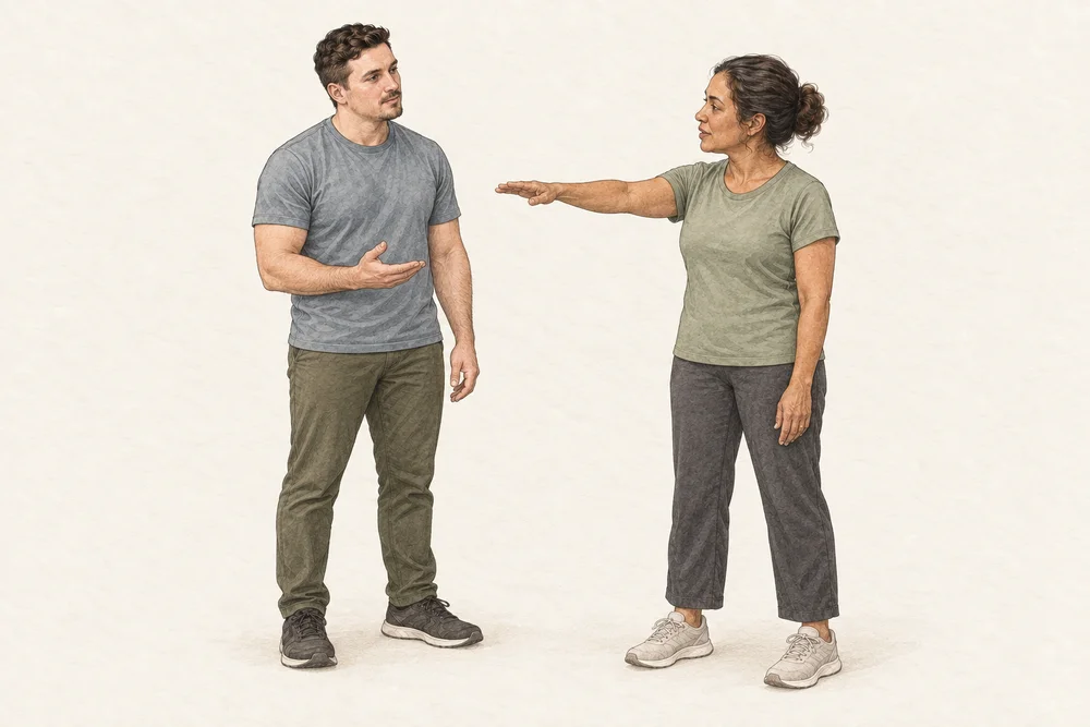 Illustration of a visitor trying a comfortable arm reach while Chris observes.