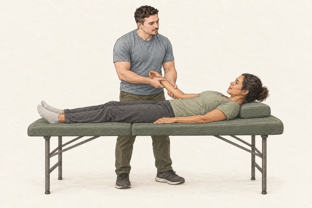 Illustration of Chris supporting a visitor's forearm while she rests on the treatment table.