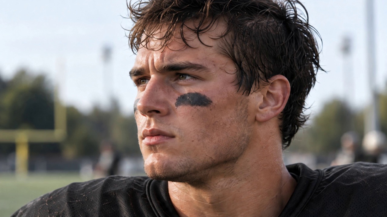 An adult football player prepares for practice in a plain dark jersey.