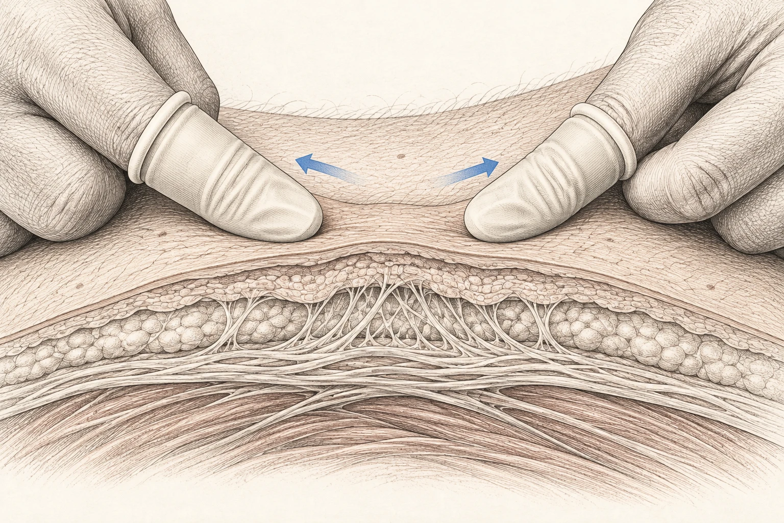 Close opposing cot-covered thumb contacts above connected skin, subcutaneous tissue, fascia and muscle; blue arrows indicate contact directions.
