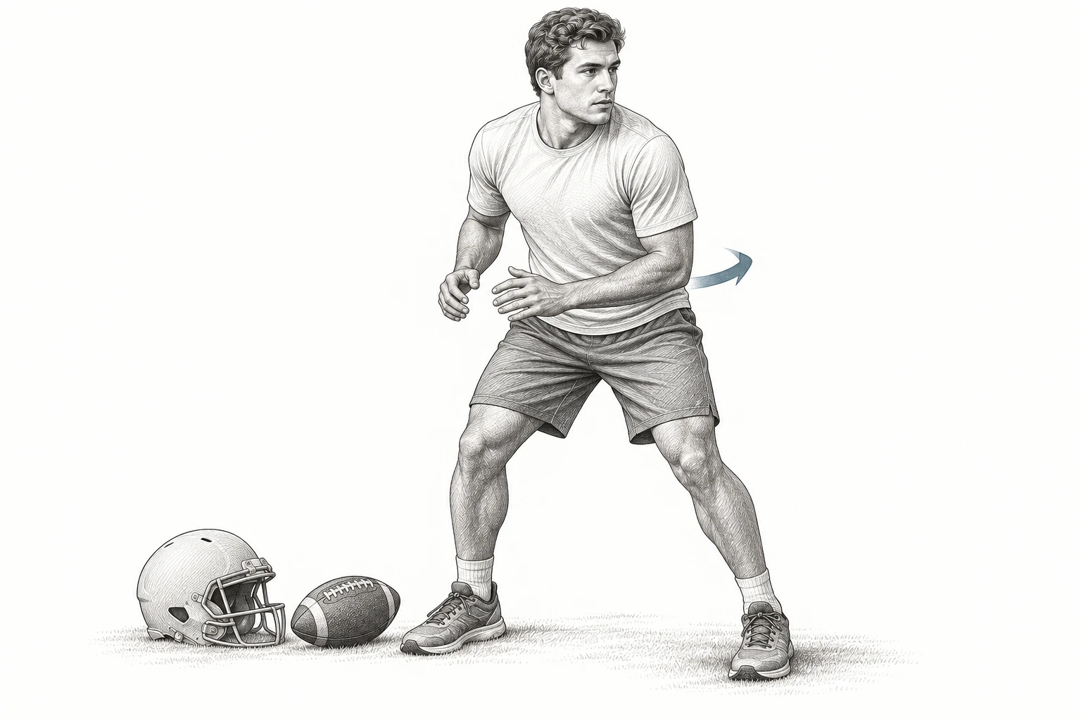 Drawing of an adult football player making a gentle modified stance and turn, with a helmet and football beside him.