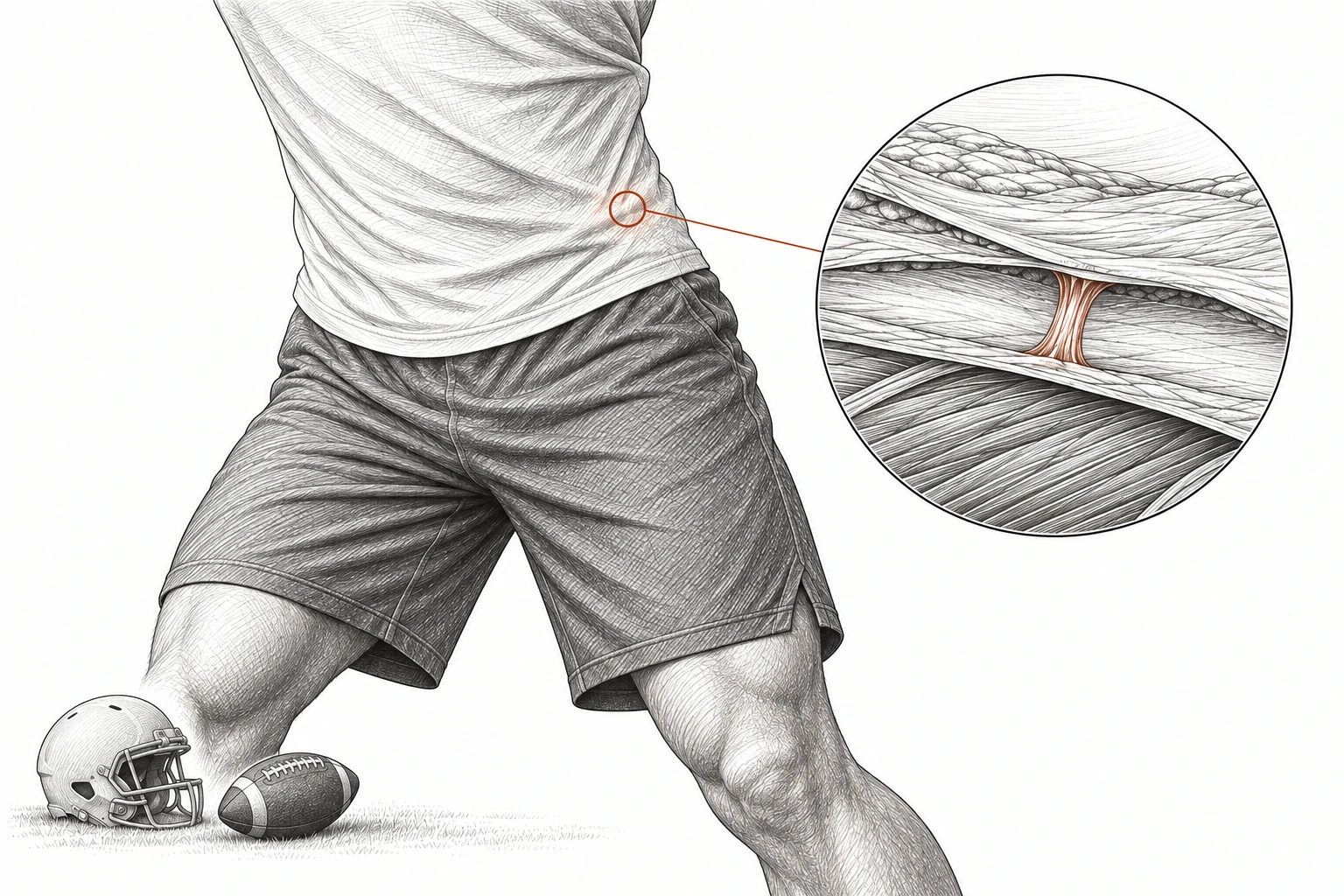 Close view of a football player’s waist and hip, with a marked area linked to a magnified tissue diagram. A rust-colored connection remains intact between the layers.