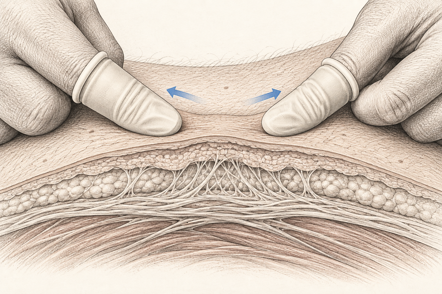 Close-up of cot-covered fingers applying opposing skin tension, with a cross-section of connected soft tissue beneath.