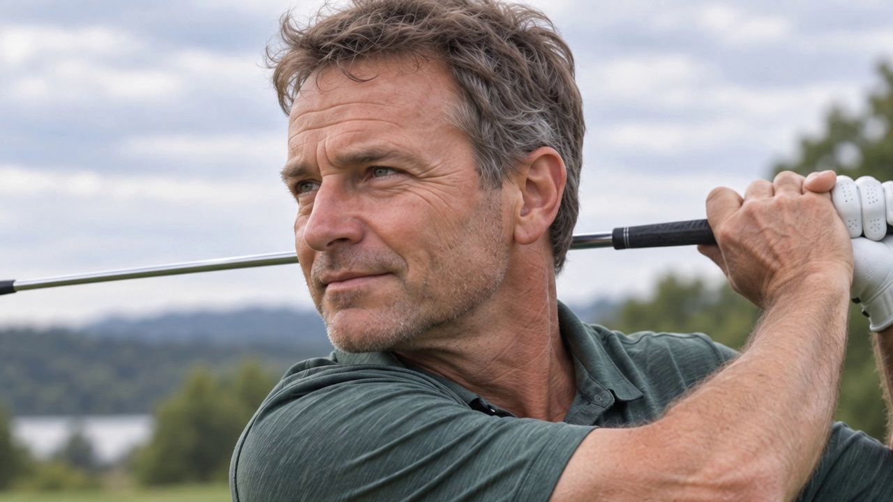 A golfer holds his finish after a swing.