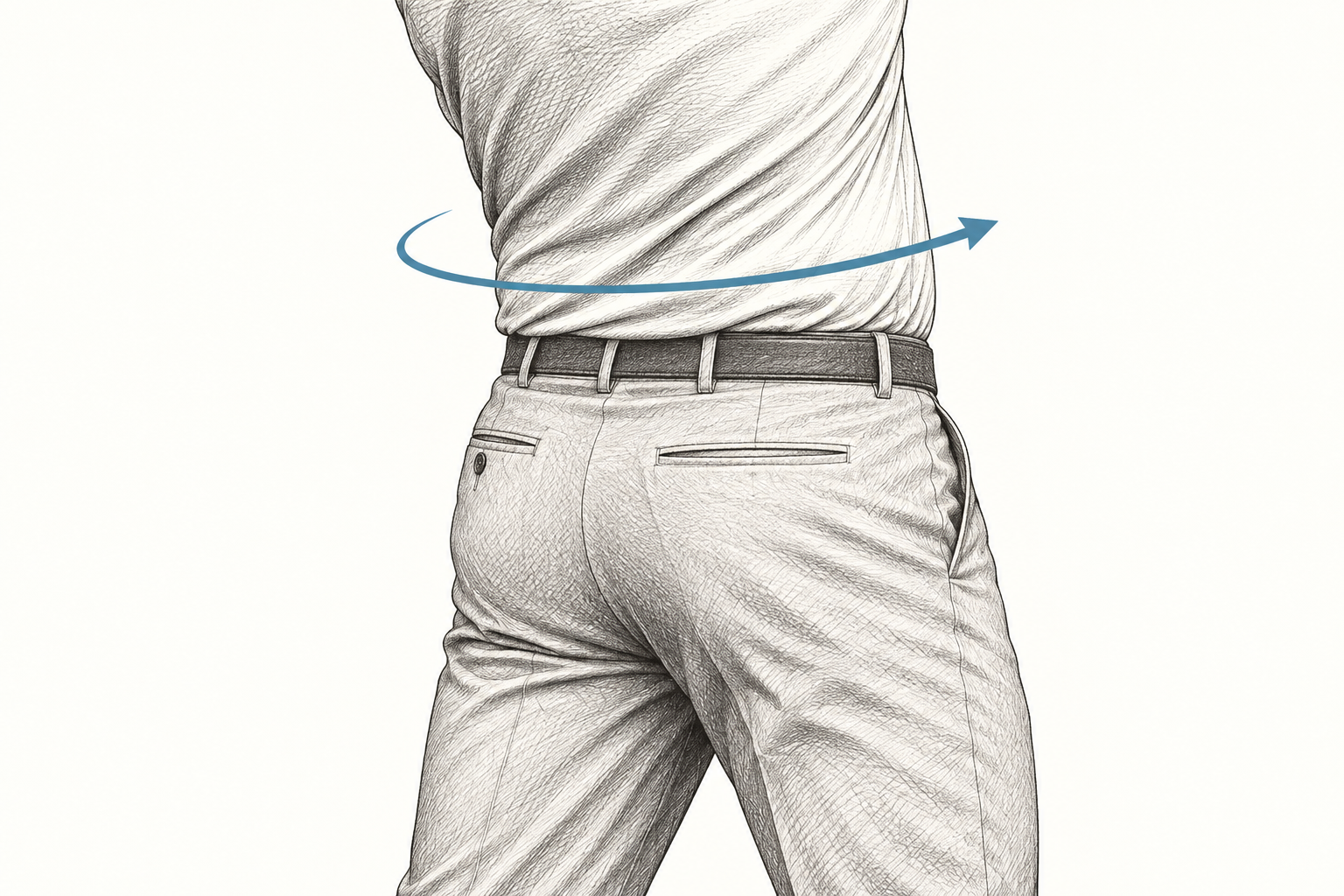 A golfer’s trunk with a blue arrow showing a rotation check.