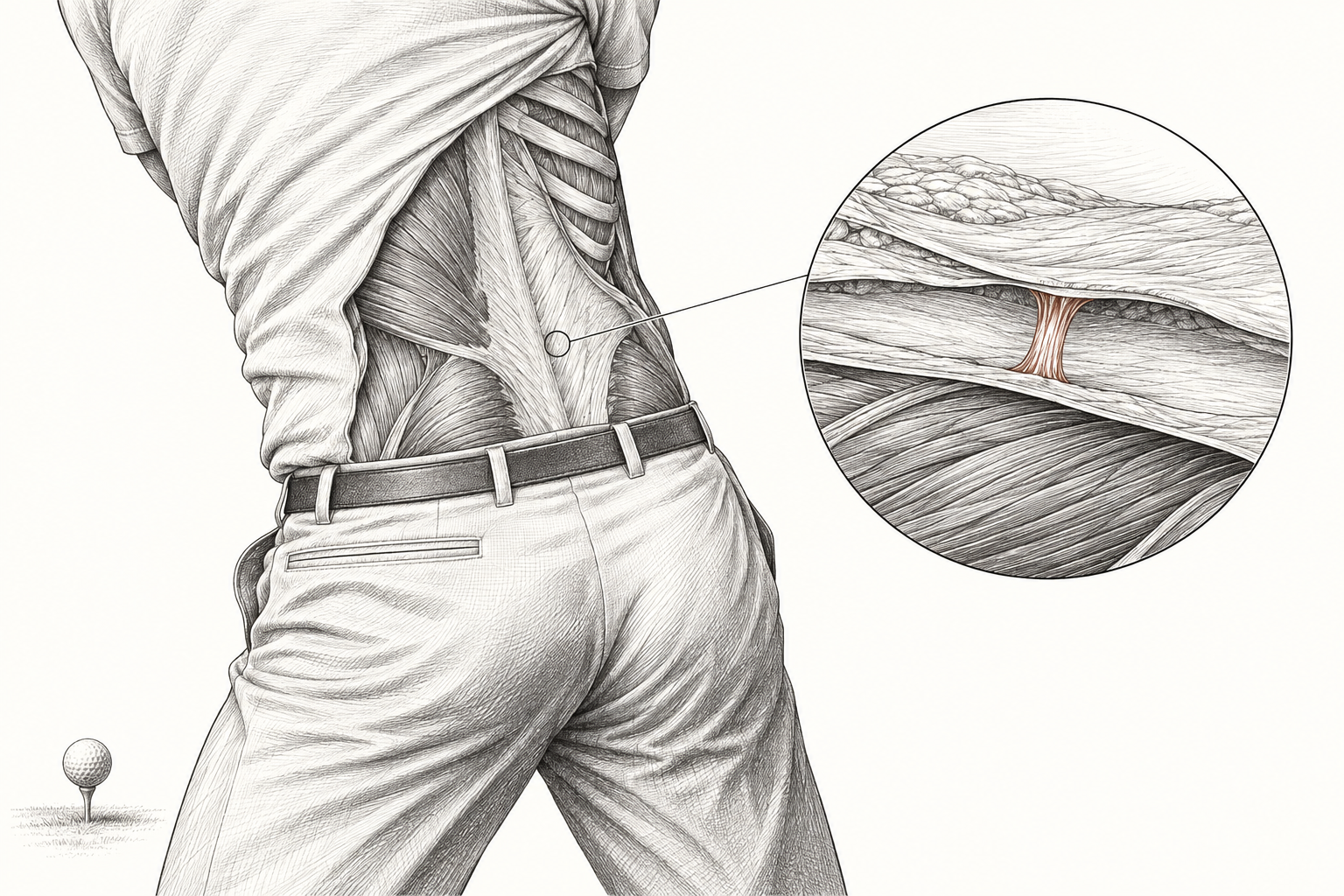 A golfer’s lower back beside a tissue illustration, with a local connection highlighted in rust.