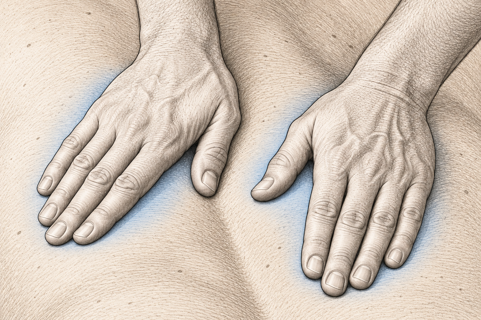 Close-up engraving of the hands applying massage to a small area of a male client’s back.