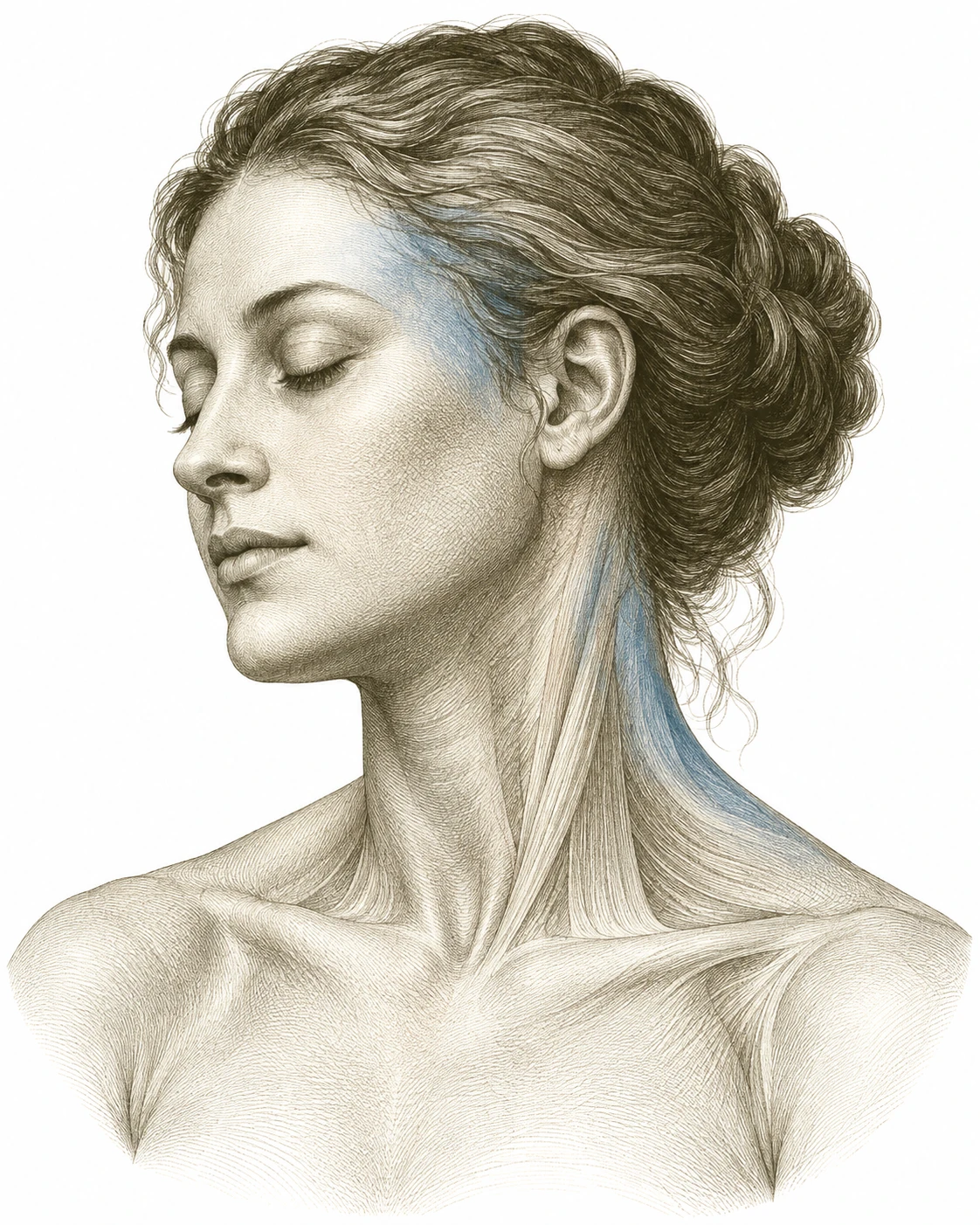 Engraved head and shoulders with soft blue shading at the temple and neck.
