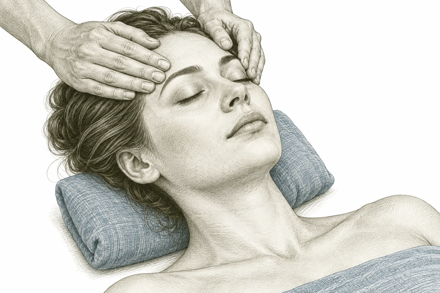 Illustrated light hand contact across the forehead of a client resting on a pillow.