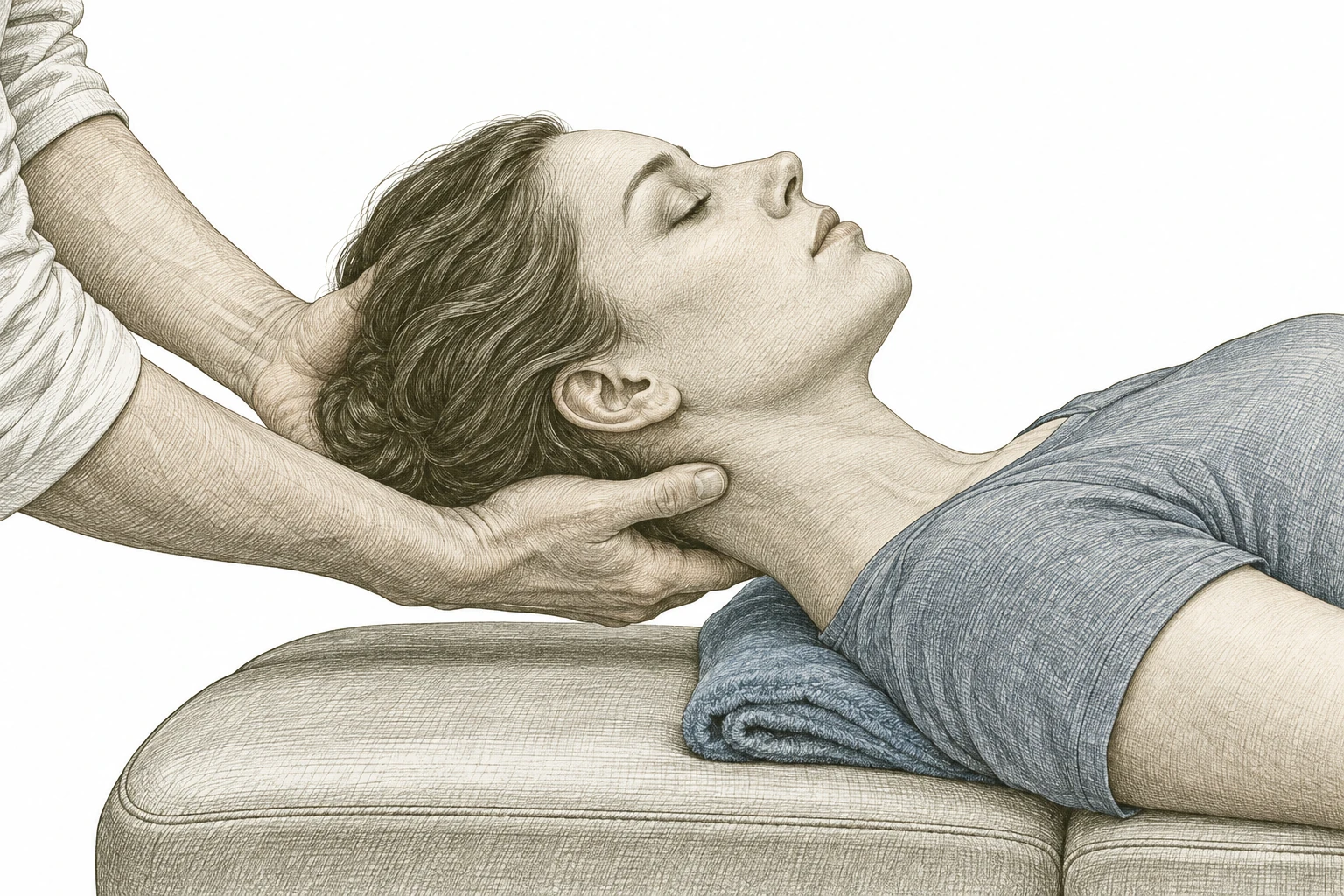 Illustrated practitioner hands support the back of a resting client’s head and upper neck.