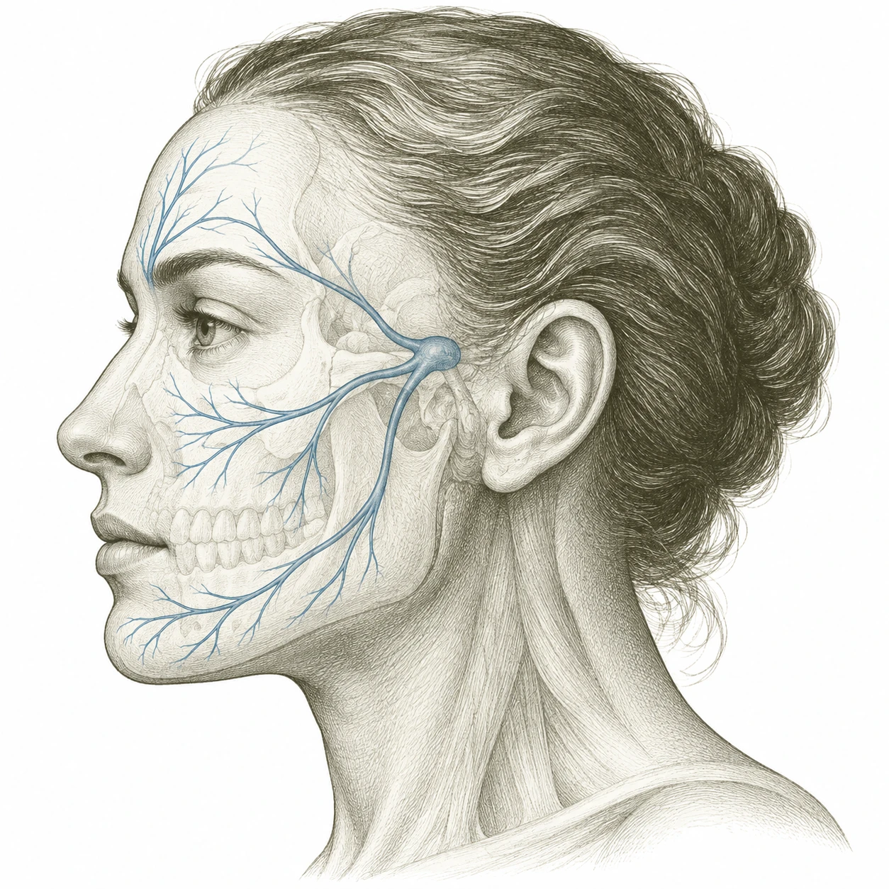 Simplified trigeminal nerve illustration, with blue branches toward the forehead, cheek, and lower jaw.