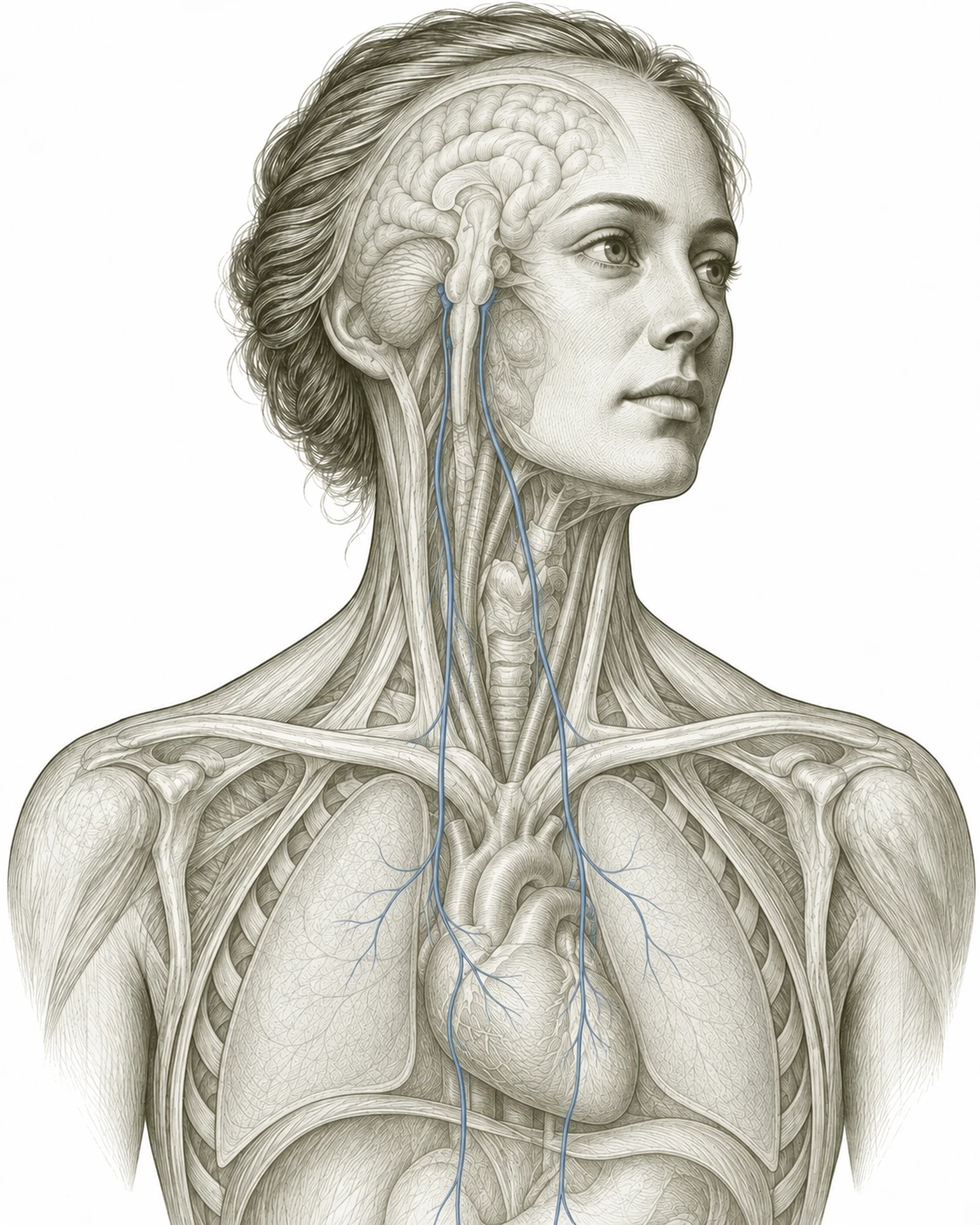 Simplified vagus nerve illustration, with fine blue paths from the lower brainstem through the neck into the chest.