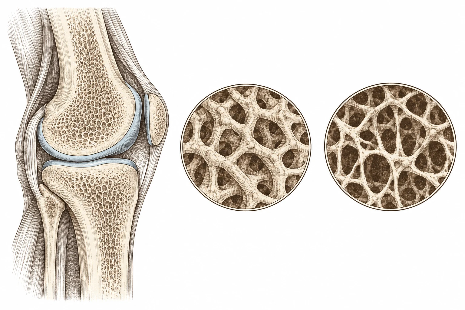 Etching of a knee cutaway beside two enlarged bone networks, one denser and one more sparse.