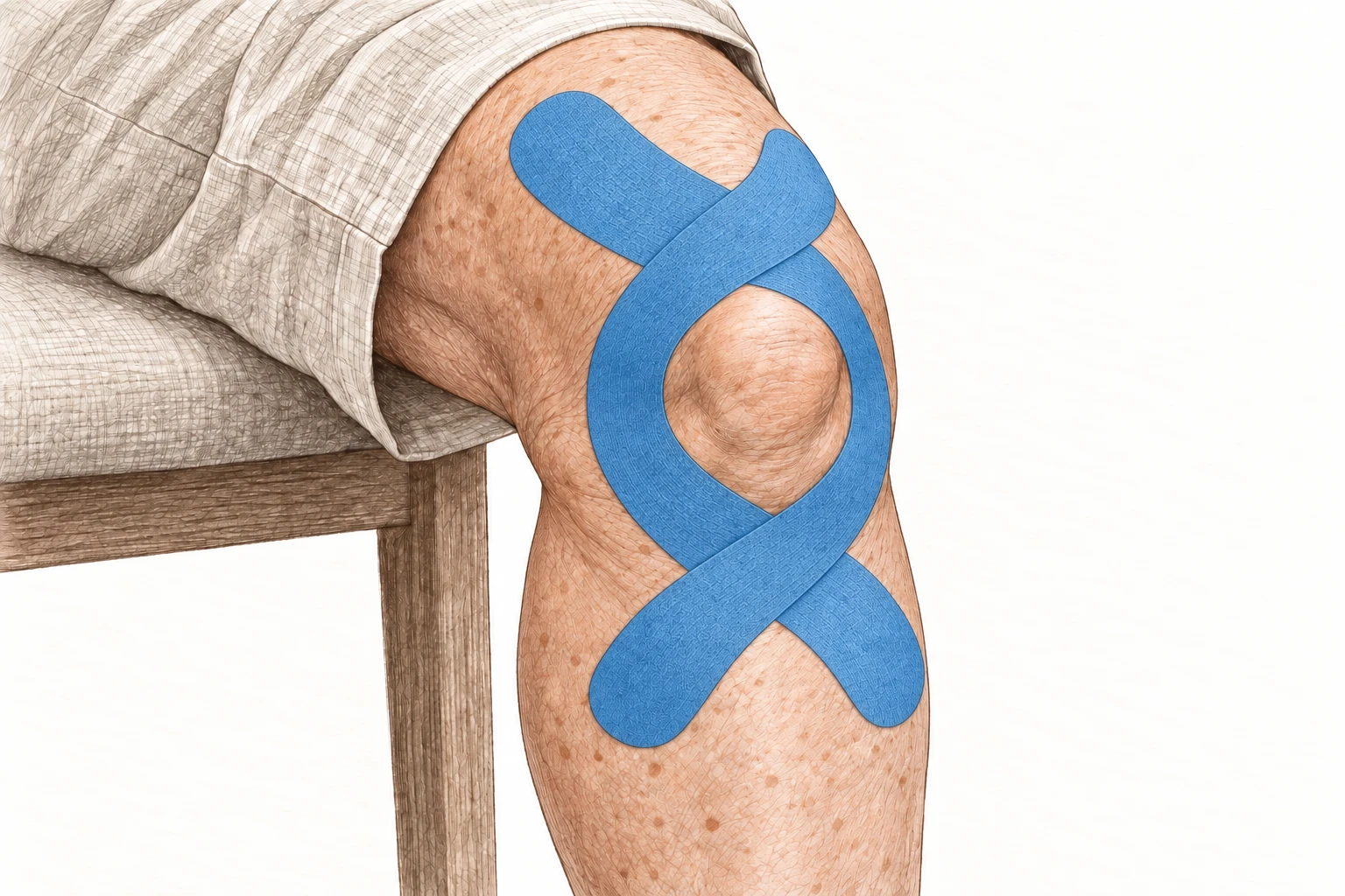 Close etching of an older woman’s bent knee, with blue kinesiology tape crossing above and below the exposed kneecap on intact skin.