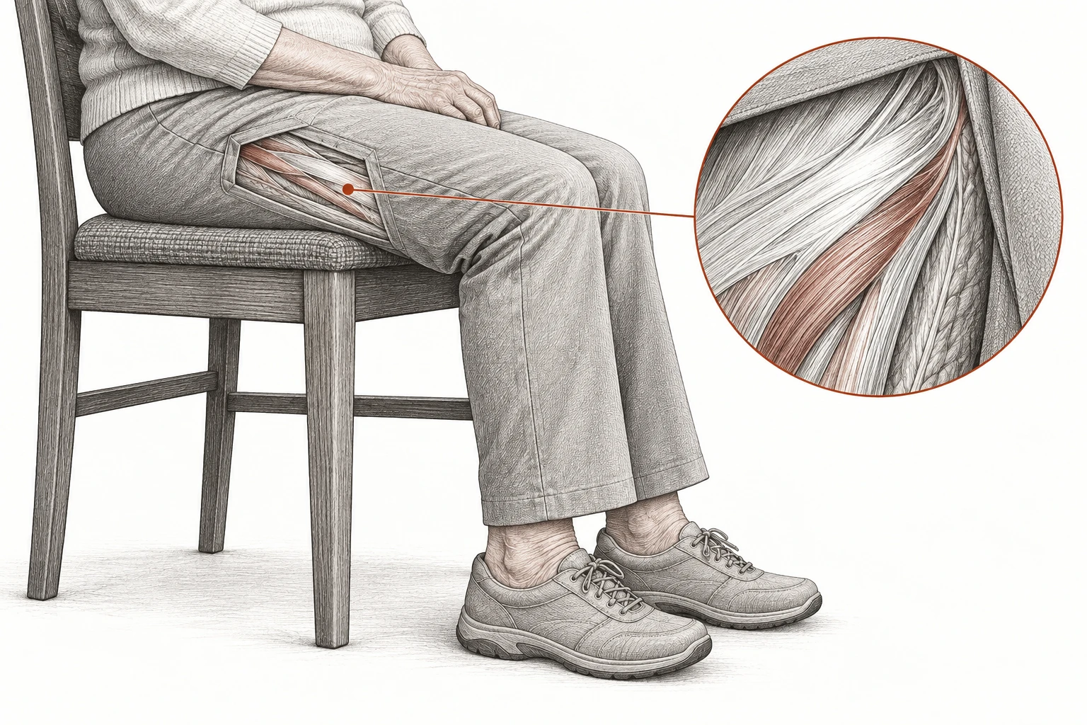 Close etching of an older woman seated in a chair, with a local thigh tissue window and enlarged connected soft tissue detail.