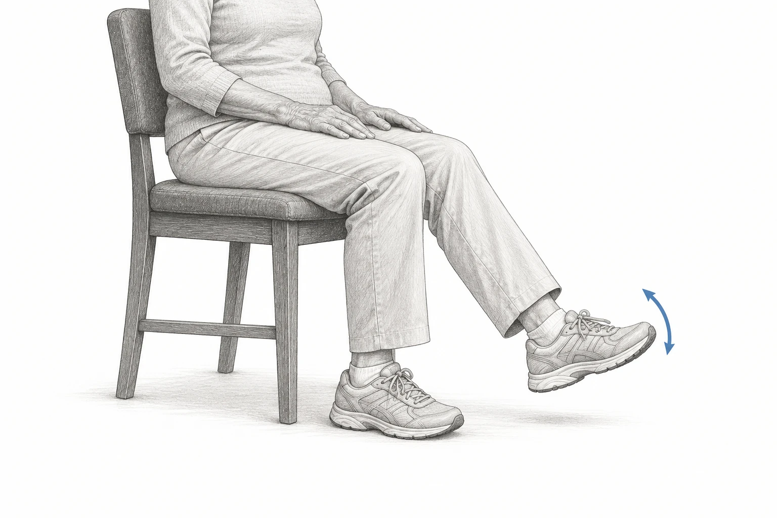 Close etching of an older woman seated upright, making a small leg movement with a blue arrow beside the foot.
