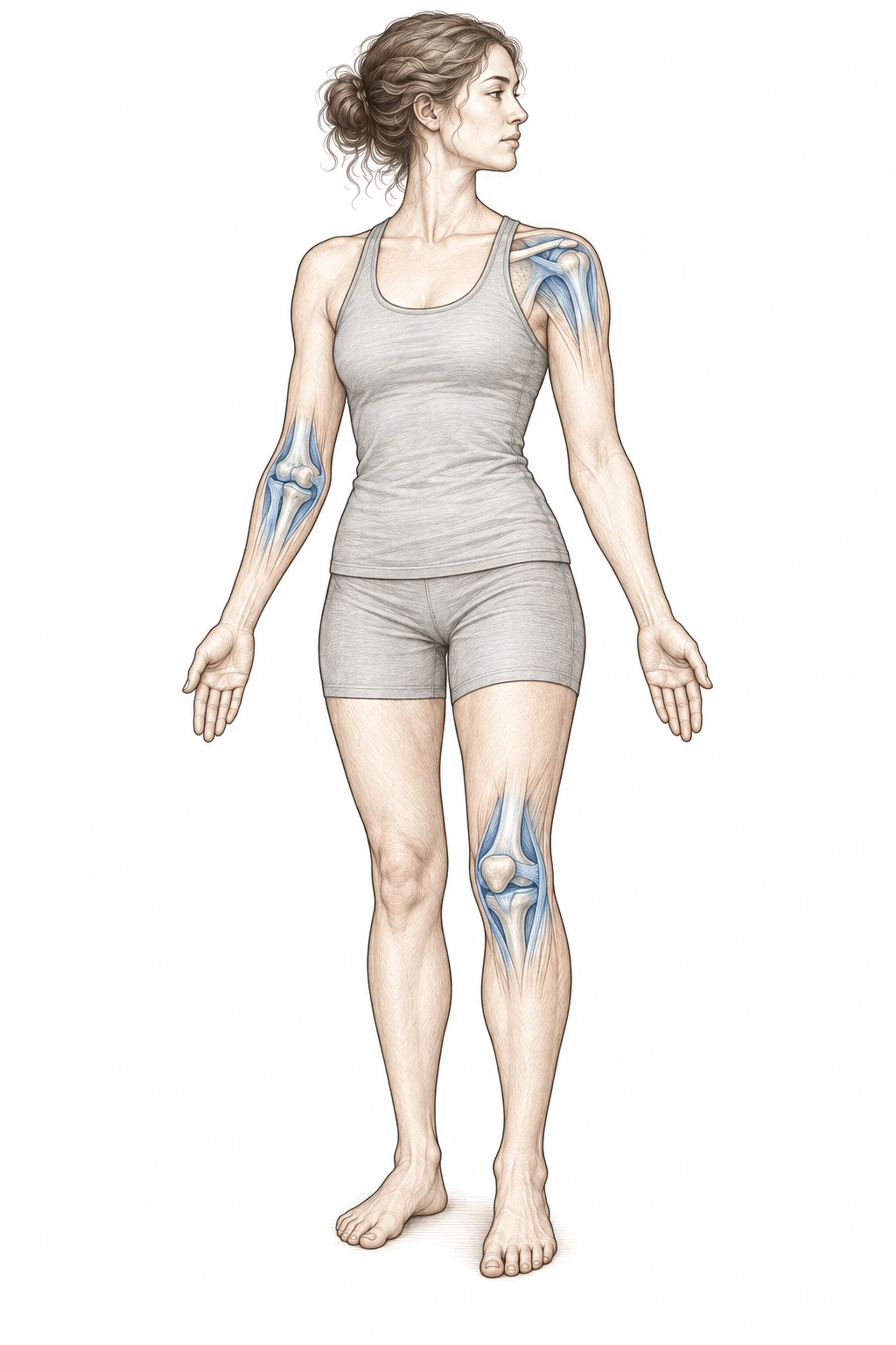 An upright figure with small anatomical views at the shoulder, elbow, and knee to illustrate care for separate joints.