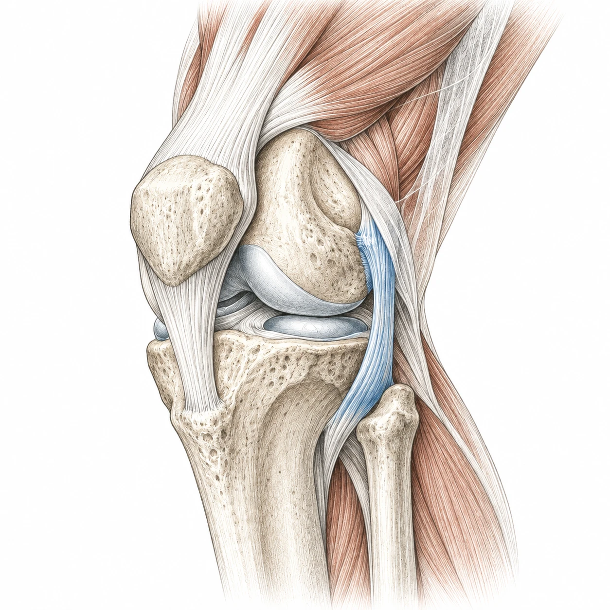 Simplified knee cutaway showing bone, a blue ligament, and surrounding muscle and tendon.