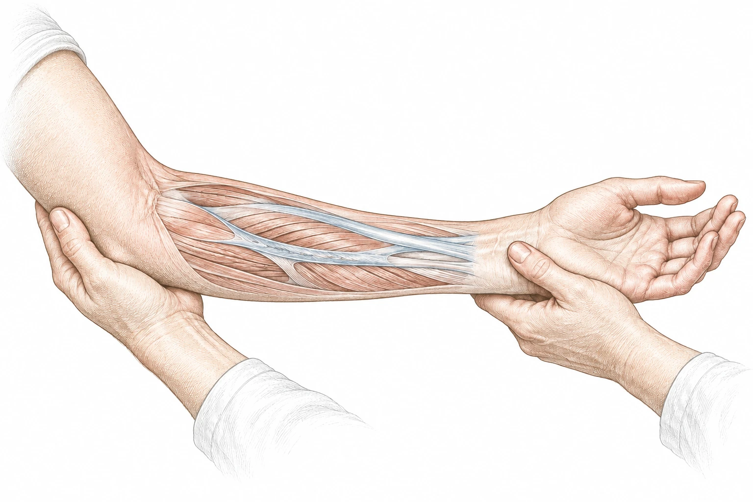 Hands support the elbow and wrist; a cutaway shows muscle and fascia along the forearm.