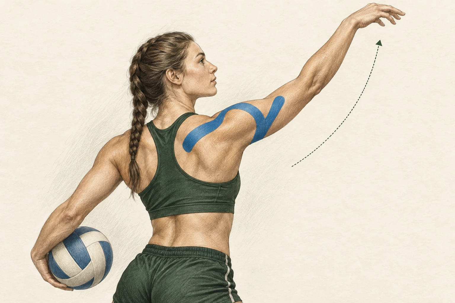 Concept illustration of an elite volleyball athlete making a controlled overhead reach, with blue kinesiology tape following the shoulder and upper-arm contours and an arrow showing movement.