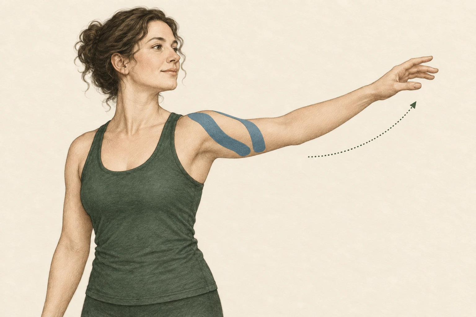 Concept drawing of an adult making a comfortable reach, with two long blue tape strips curving around the shoulder toward the outer upper arm and an arrow showing movement.