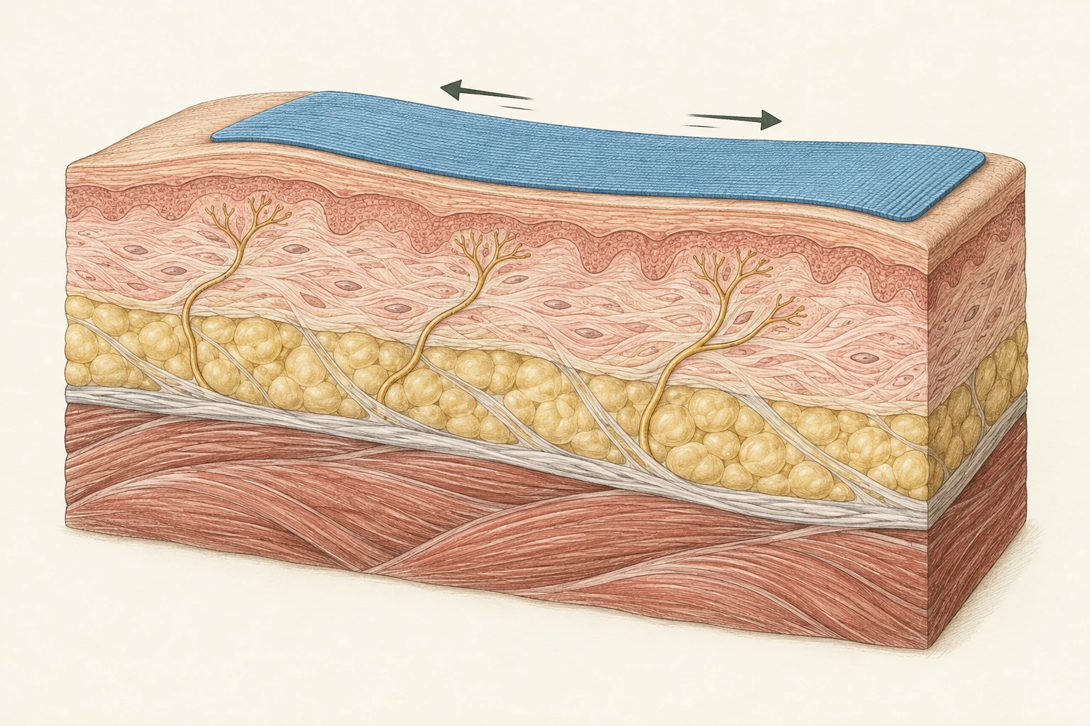 Concept cutaway of blue tape on skin, branching sensory nerves, fat, connective fibres, and muscle, with arrows along the surface.