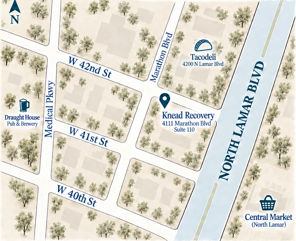 Knead Recovery is at Marathon Boulevard and West 42nd Street, west of North Lamar. Tacodeli is north of West 42nd; Central Market is east of Lamar; Draught House is west of Medical Parkway.