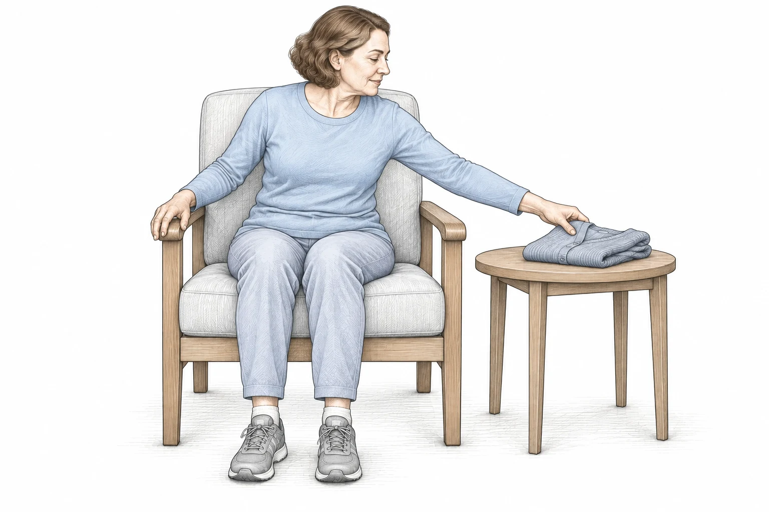 The seated patient reaches for a folded cardigan on a nearby table, with her other hand on the chair arm and both feet supported.