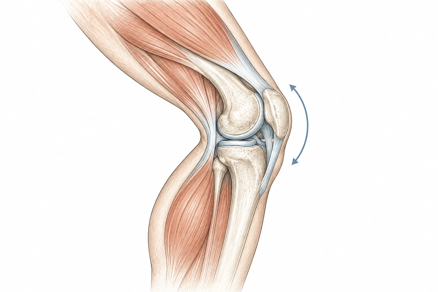 Conceptual side view of a bent knee with surrounding muscle and a small blue movement arc.