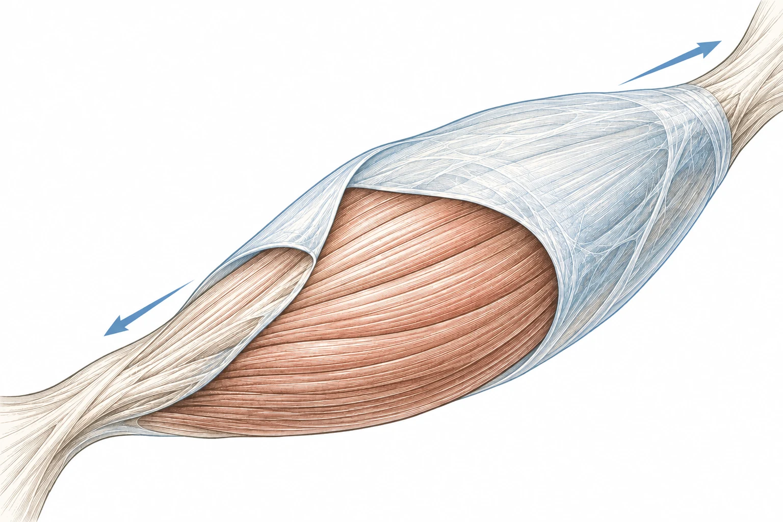 Conceptual muscle bundle with a blue fascial covering; arrows show the direction of gentle stretch.