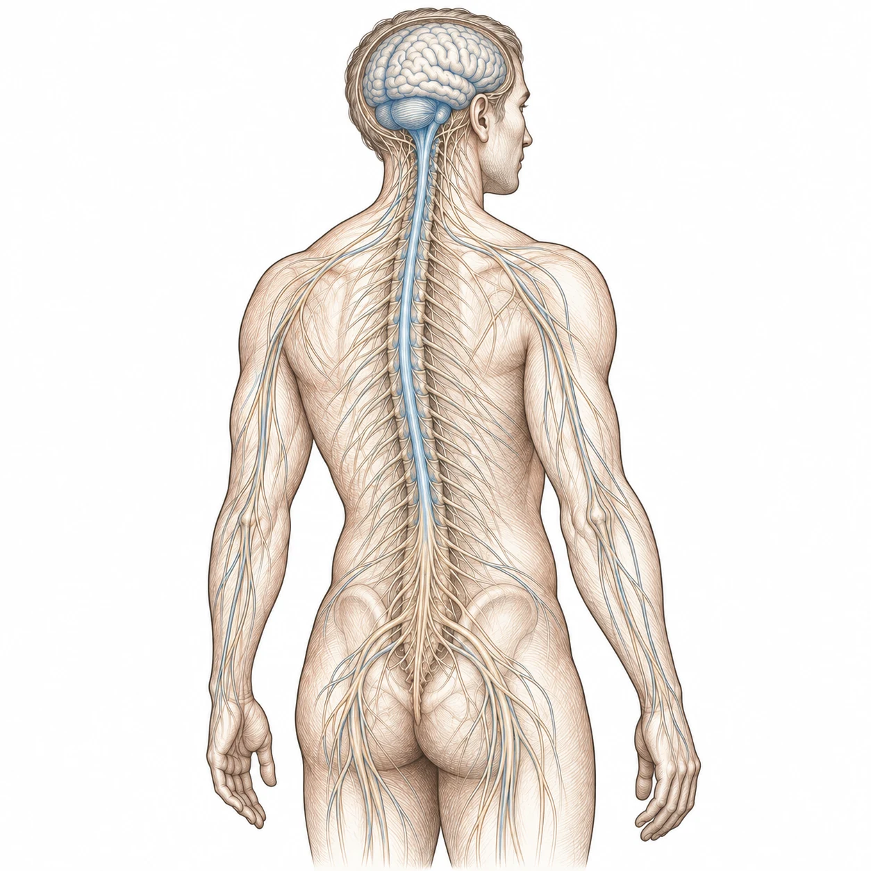 Conceptual view of the brain and spinal cord highlighted in blue within the body.