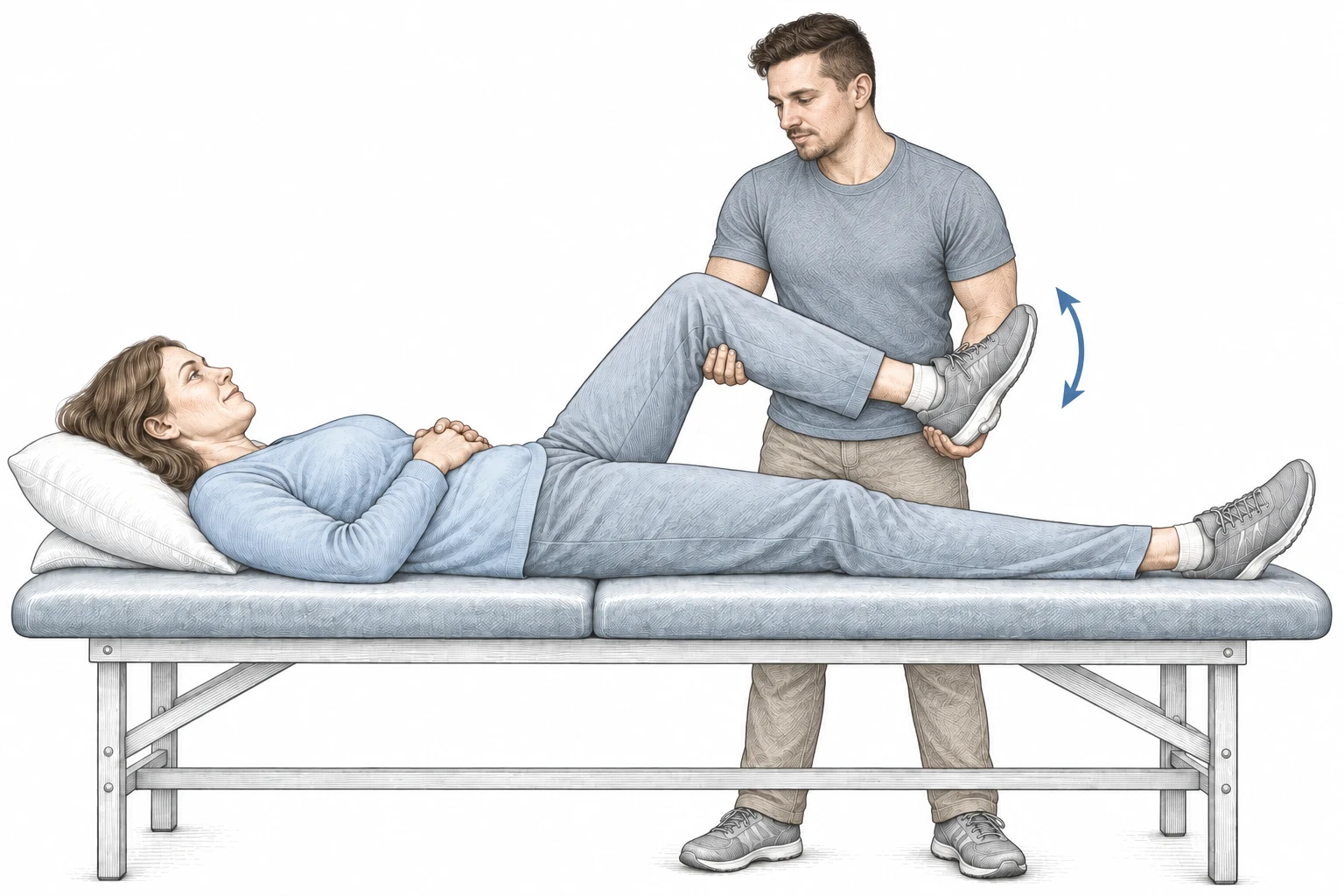 Illustration of Chris Corona supporting a bent leg at the thigh and heel while an adult rests on a treatment table.