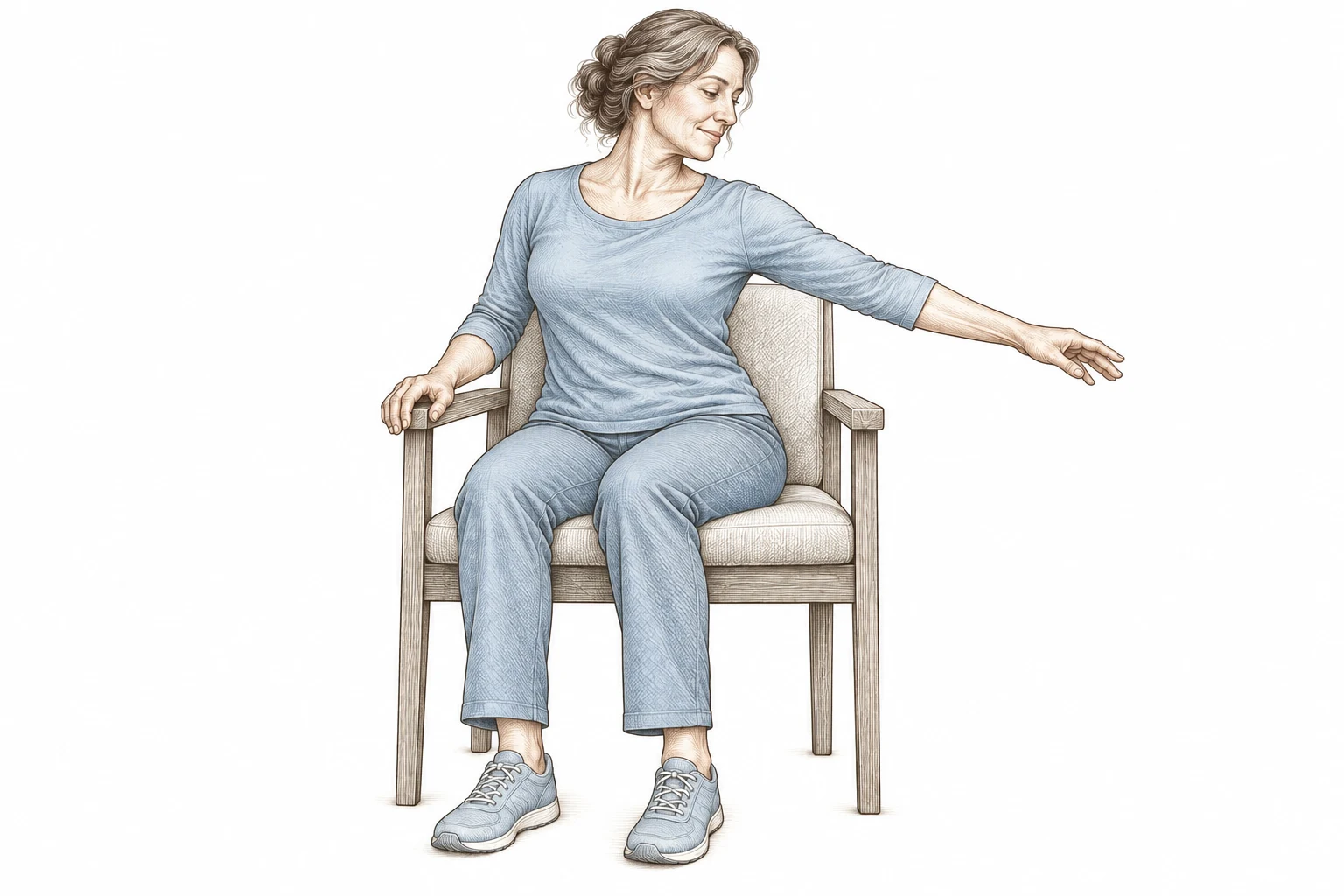 An adult seated in a chair gently turns and reaches to the side, with both feet supported.