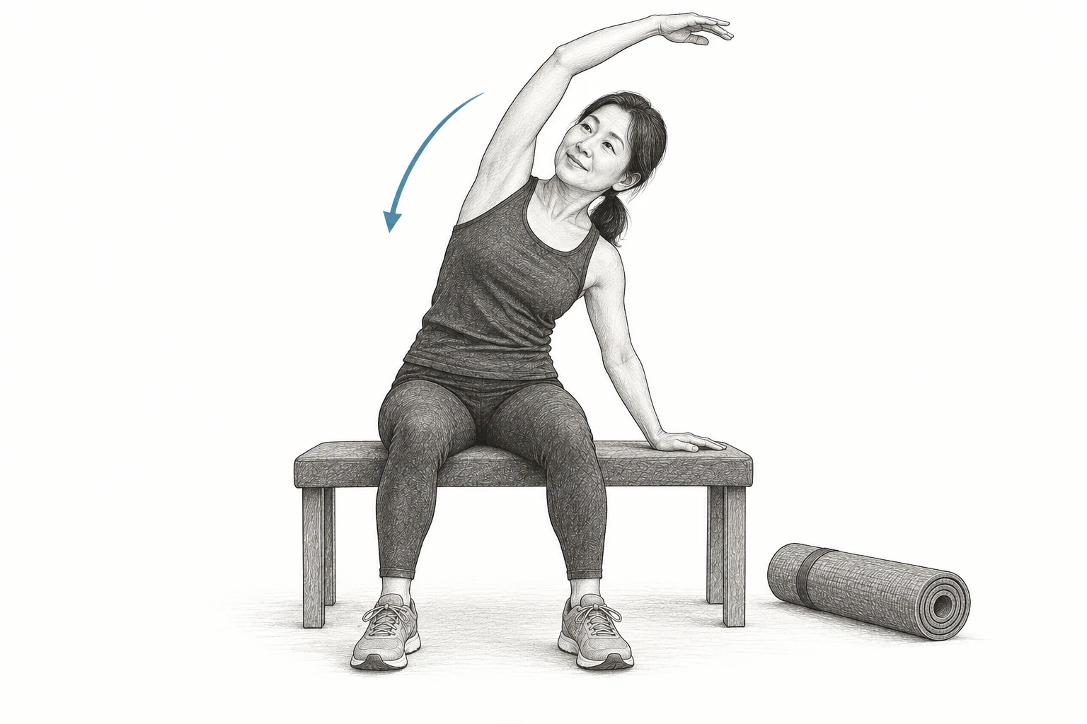 A woman makes a supported seated side bend with both feet on the floor and a rolled exercise mat beside the bench.