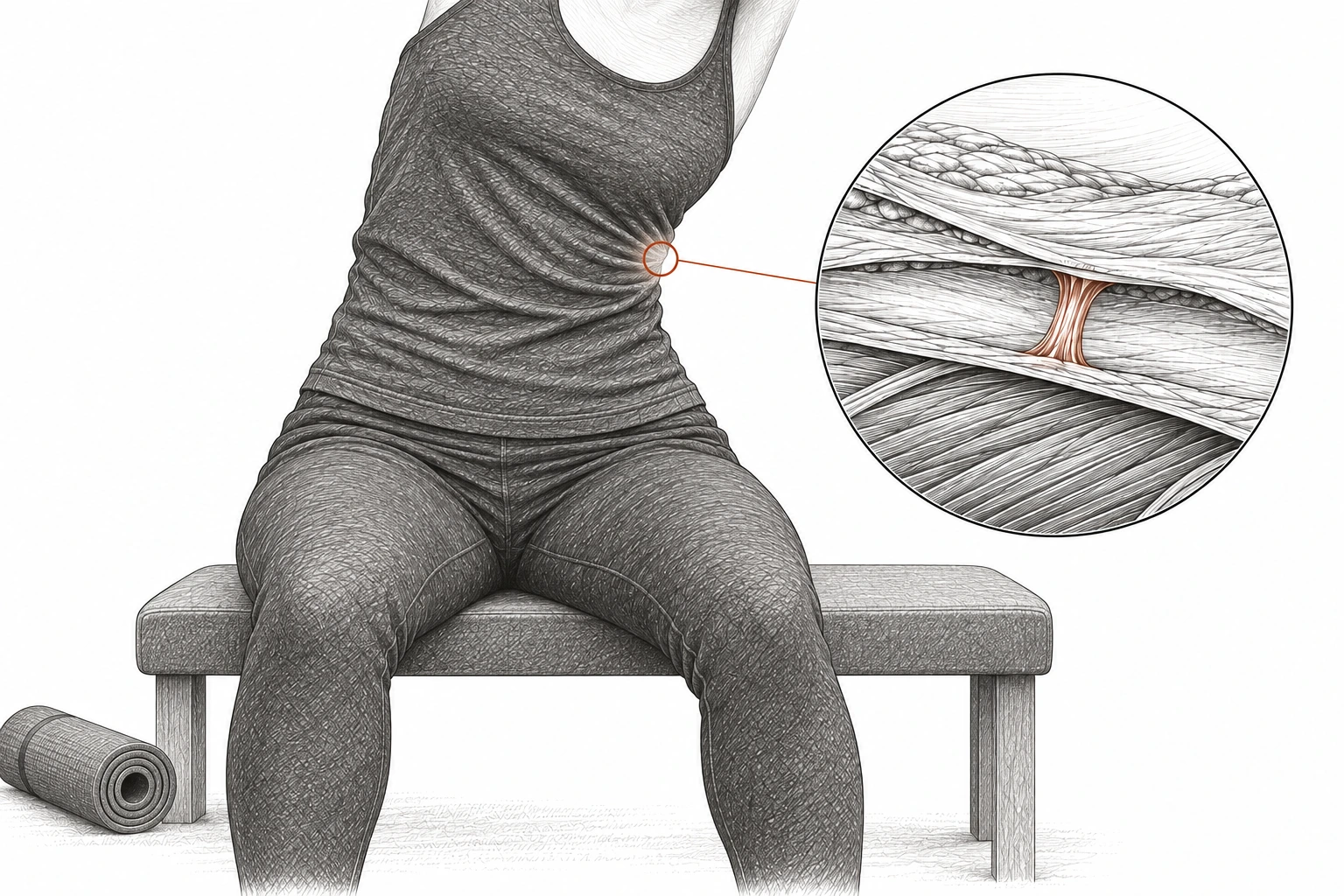 Close etched view of a woman’s side waist during a supported seated bend. A rust outline and leader line connect the area to a circular diagram of intact fascia layers with a small rust-colored fibrous connection.