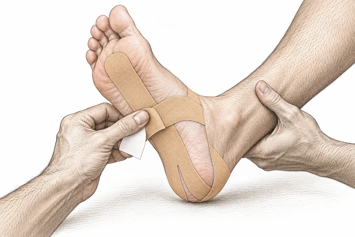 Engraving of a practitioner supporting a foot while smoothing tan tape across the arch, with a long sole strip and split heel tabs already in place.