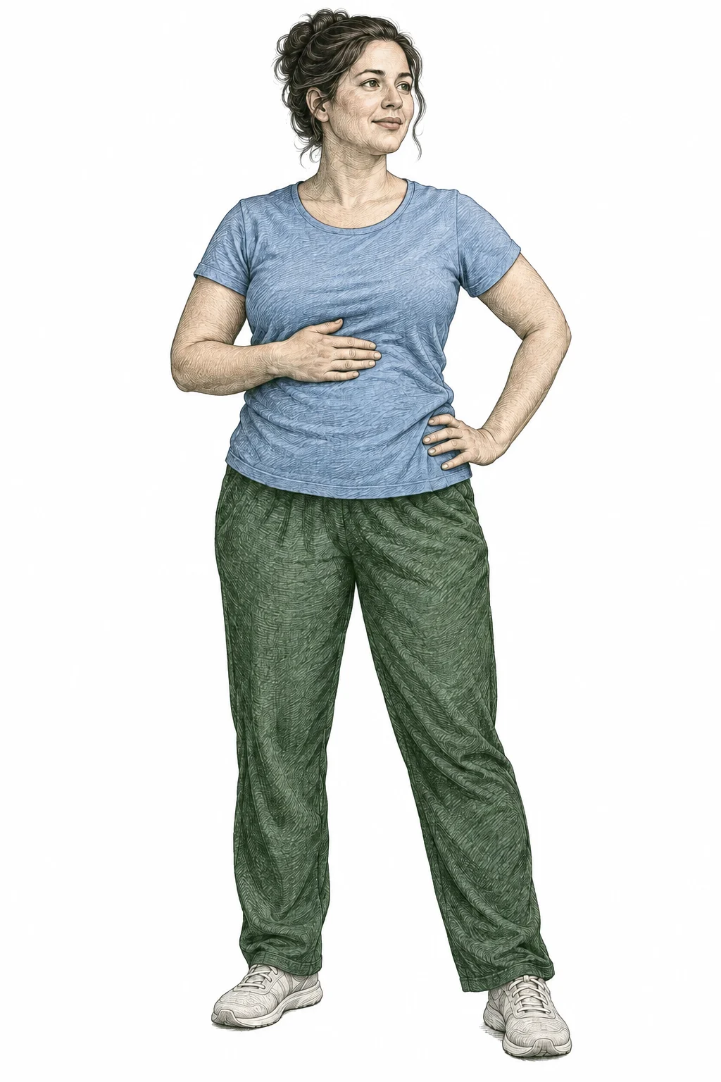 A fully clothed woman standing comfortably with a hand at her ribs and another at her hip.
