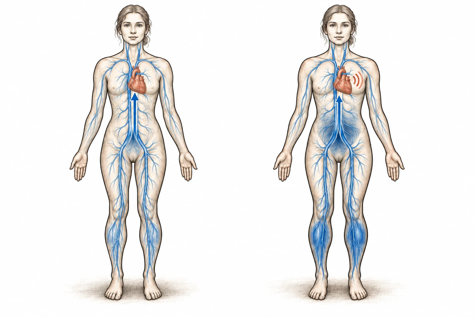 Upright figure with a clear upward venous-return arrow.