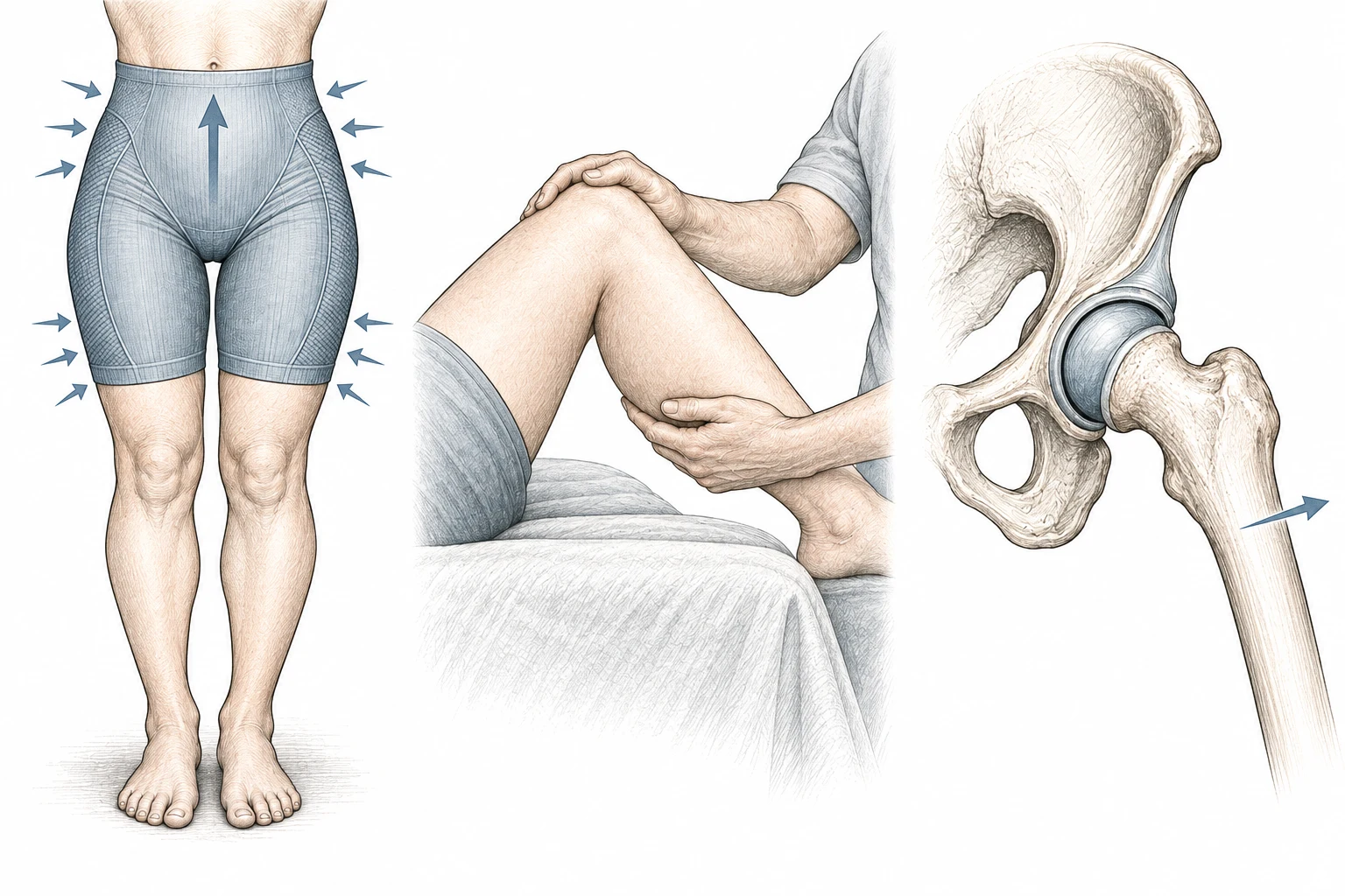 Two hands support a bent leg at the knee and calf.