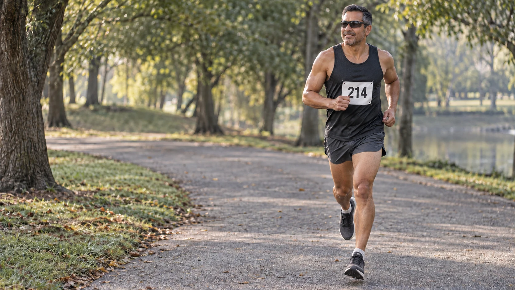 An adult runner in sunglasses and a dark singlet runs on a park path wearing race bib 214.