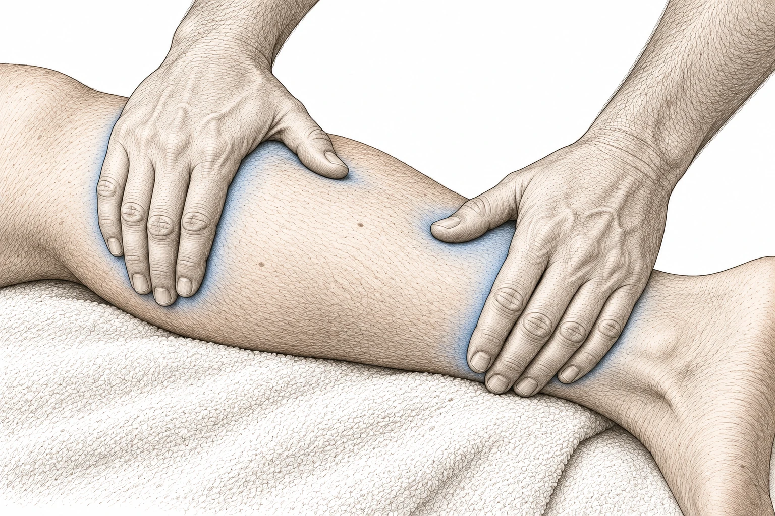 Two hands make broad contact on a calf supported on a towel, with the ankle and heel visible.