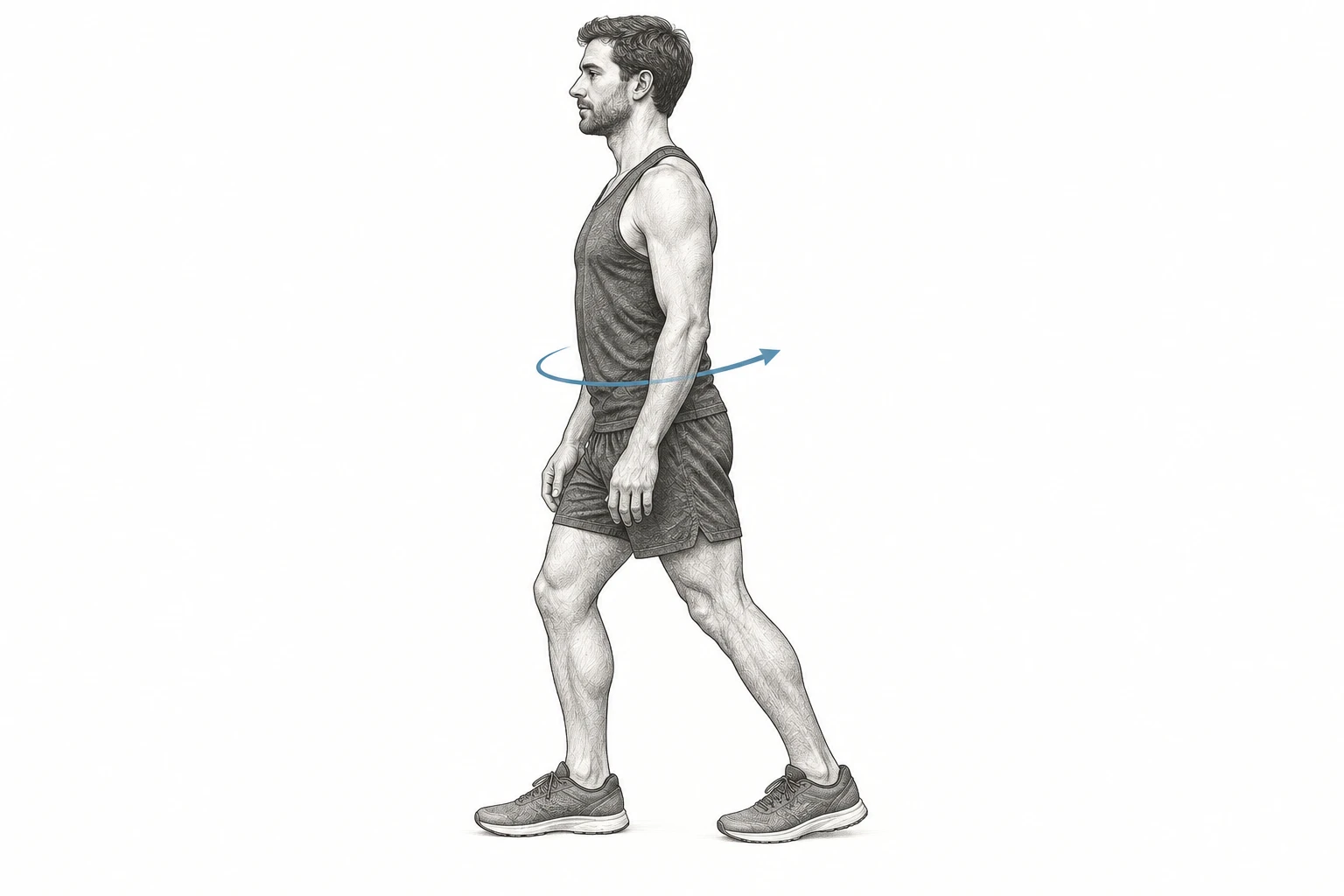A runner stands with both shoes on the floor in a short split stance; a blue arrow marks a small trunk turn.